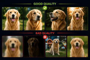 Good vs bad photo quality examples for 3D crystal engraving showing sharp high-resolution image compared to blurry, dark, and pixelated photos